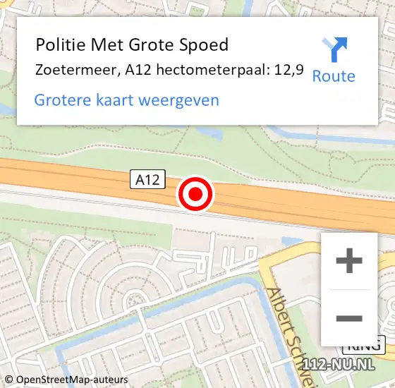 Locatie op kaart van de 112 melding: Politie Met Grote Spoed Naar Zoetermeer, A12 hectometerpaal: 12,9 op 18 augustus 2023 21:21