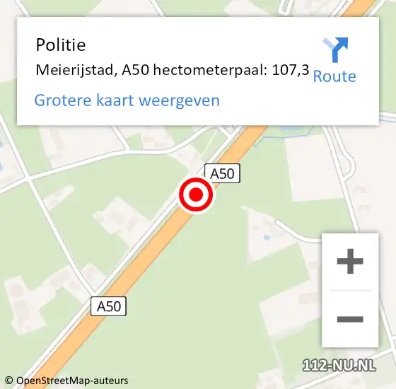 Locatie op kaart van de 112 melding: Politie Meierijstad, A50 hectometerpaal: 107,3 op 18 augustus 2023 21:36