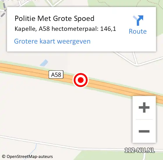 Locatie op kaart van de 112 melding: Politie Met Grote Spoed Naar Kapelle, A58 hectometerpaal: 146,1 op 19 augustus 2023 01:23