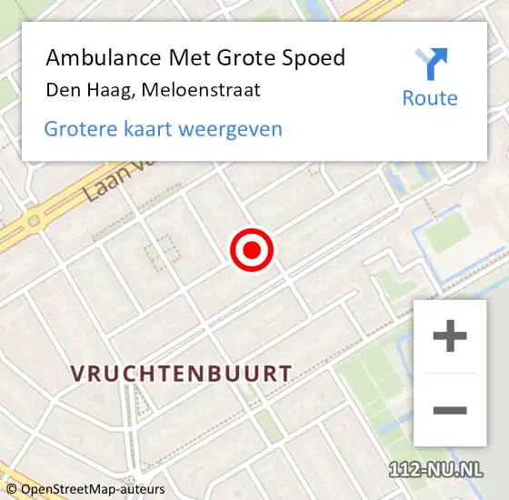 Locatie op kaart van de 112 melding: Ambulance Met Grote Spoed Naar Den Haag, Meloenstraat op 19 augustus 2023 02:26