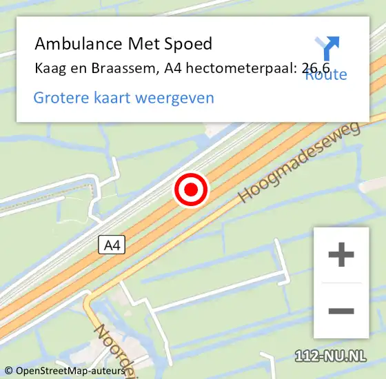 Locatie op kaart van de 112 melding: Ambulance Met Spoed Naar Kaag en Braassem, A4 hectometerpaal: 26,6 op 19 augustus 2023 06:12