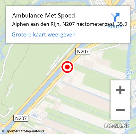 Locatie op kaart van de 112 melding: Ambulance Met Spoed Naar Alphen aan den Rijn, N207 hectometerpaal: 35,9 op 19 augustus 2023 06:33