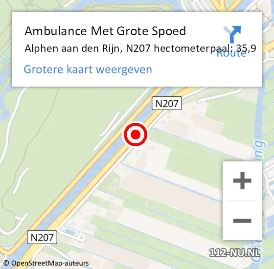 Locatie op kaart van de 112 melding: Ambulance Met Grote Spoed Naar Alphen aan den Rijn, N207 hectometerpaal: 35,9 op 19 augustus 2023 06:34