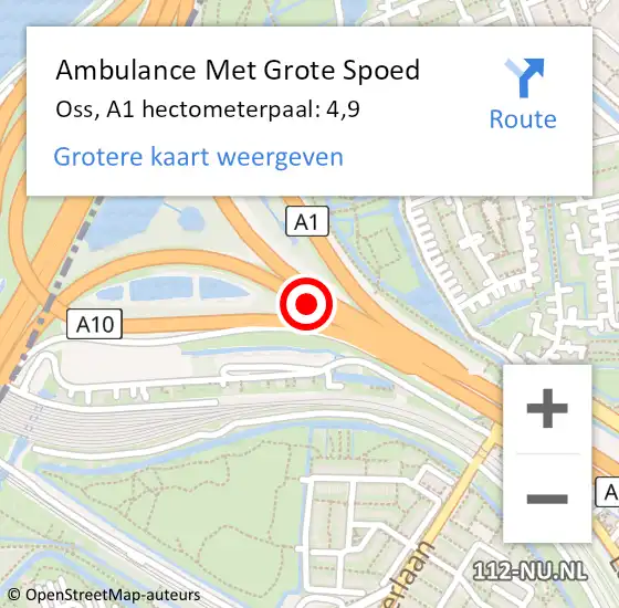 Locatie op kaart van de 112 melding: Ambulance Met Grote Spoed Naar Oss, A1 hectometerpaal: 4,9 op 19 augustus 2023 08:42