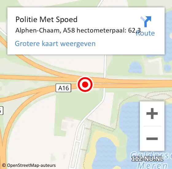 Locatie op kaart van de 112 melding: Politie Met Spoed Naar Alphen-Chaam, A58 hectometerpaal: 62,3 op 19 augustus 2023 11:36