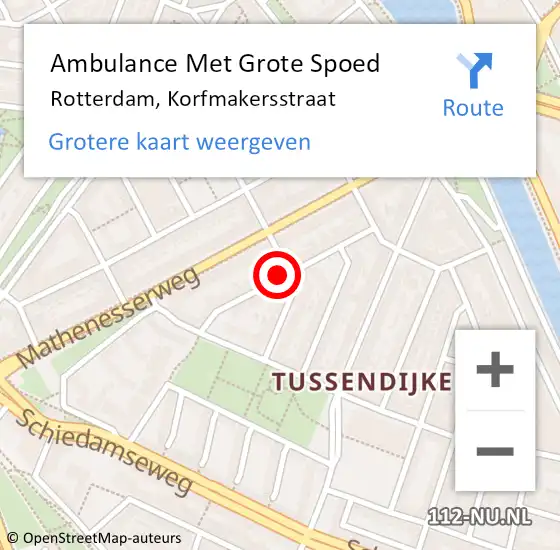Locatie op kaart van de 112 melding: Ambulance Met Grote Spoed Naar Rotterdam, Korfmakersstraat op 19 augustus 2023 13:34
