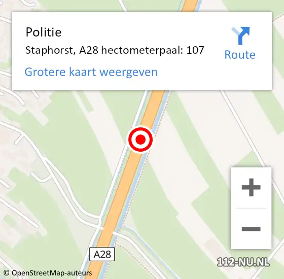 Locatie op kaart van de 112 melding: Politie Staphorst, A28 hectometerpaal: 107 op 19 augustus 2023 14:29