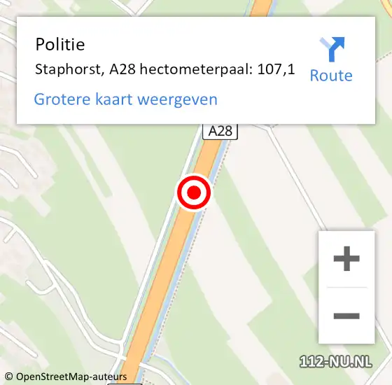 Locatie op kaart van de 112 melding: Politie Staphorst, A28 hectometerpaal: 107,1 op 19 augustus 2023 14:30