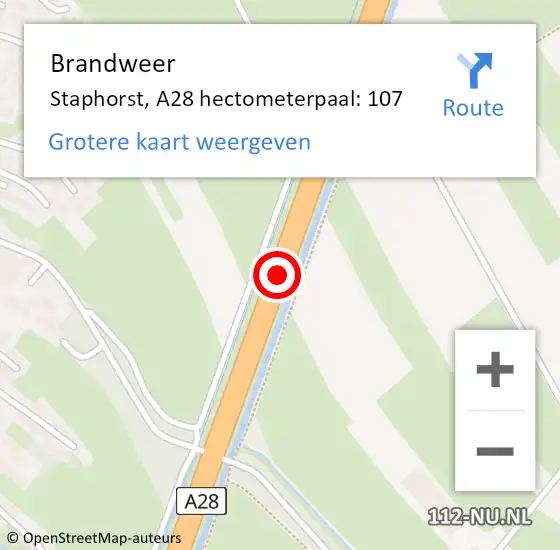 Locatie op kaart van de 112 melding: Brandweer Staphorst, A28 hectometerpaal: 107 op 19 augustus 2023 14:32