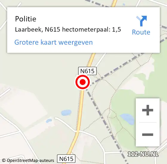 Locatie op kaart van de 112 melding: Politie Laarbeek, N615 hectometerpaal: 1,5 op 19 augustus 2023 18:39