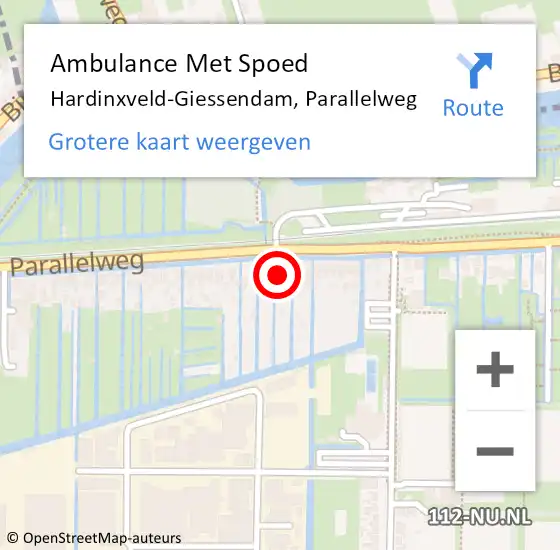 Locatie op kaart van de 112 melding: Ambulance Met Spoed Naar Hardinxveld-Giessendam, Parallelweg op 19 augustus 2023 18:58