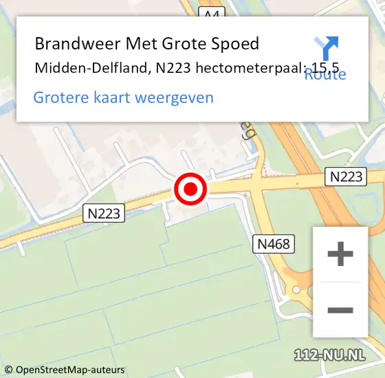 Locatie op kaart van de 112 melding: Brandweer Met Grote Spoed Naar Midden-Delfland, N223 hectometerpaal: 15,5 op 19 augustus 2023 21:10