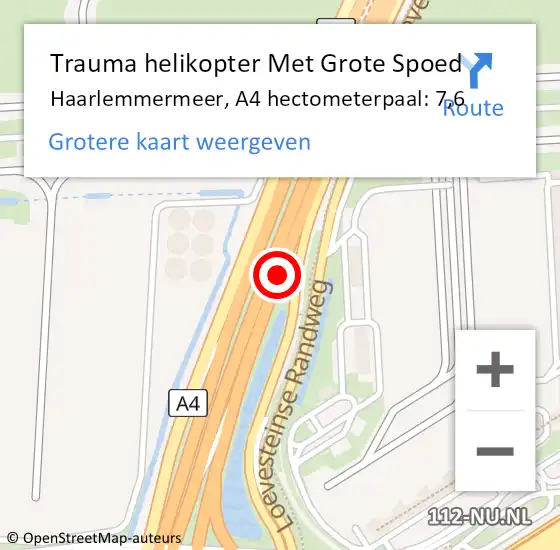 Locatie op kaart van de 112 melding: Trauma helikopter Met Grote Spoed Naar Haarlemmermeer, A4 hectometerpaal: 7,6 op 19 augustus 2023 21:14
