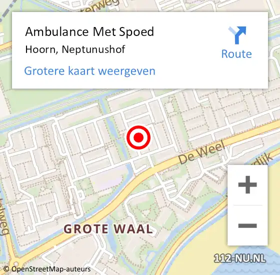 Locatie op kaart van de 112 melding: Ambulance Met Spoed Naar Hoorn, Neptunushof op 19 augustus 2023 21:31