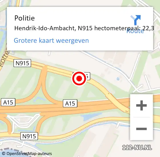 Locatie op kaart van de 112 melding: Politie Hendrik-Ido-Ambacht, N915 hectometerpaal: 22,3 op 19 augustus 2023 23:11