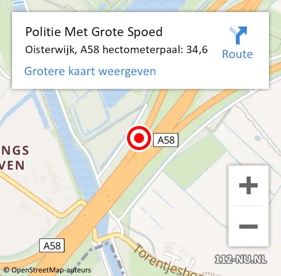 Locatie op kaart van de 112 melding: Politie Met Grote Spoed Naar Oisterwijk, A58 hectometerpaal: 34,6 op 20 augustus 2023 02:15