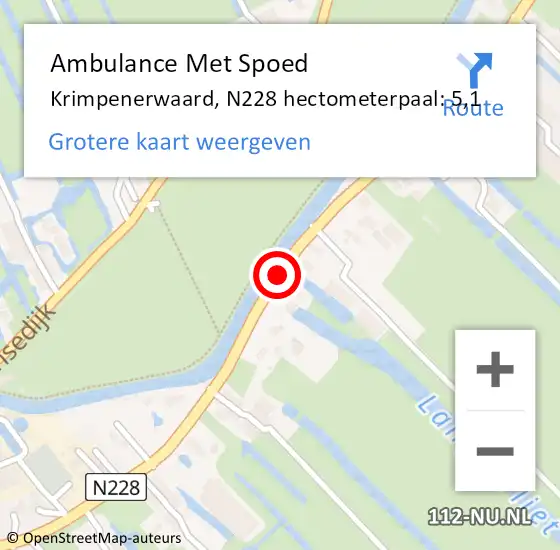 Locatie op kaart van de 112 melding: Ambulance Met Spoed Naar Krimpenerwaard, N228 hectometerpaal: 5,1 op 20 augustus 2023 02:26