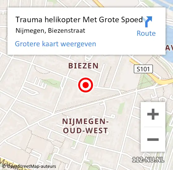 Locatie op kaart van de 112 melding: Trauma helikopter Met Grote Spoed Naar Nijmegen, Biezenstraat op 20 augustus 2023 03:45