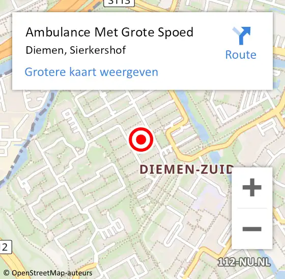 Locatie op kaart van de 112 melding: Ambulance Met Grote Spoed Naar Diemen, Sierkershof op 5 september 2014 11:06