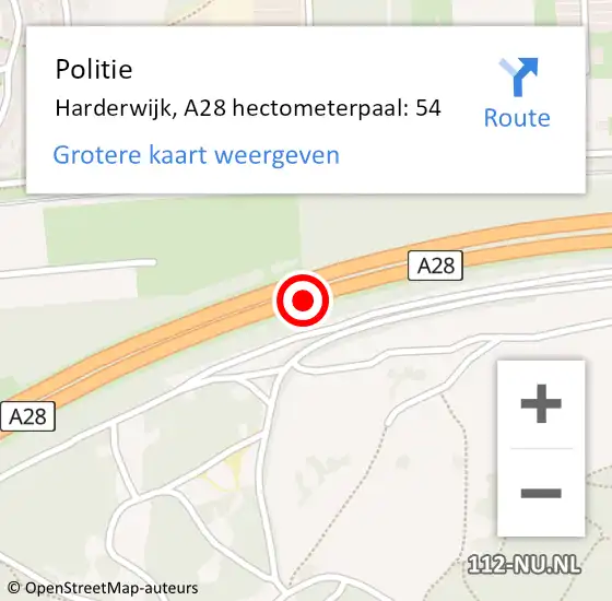 Locatie op kaart van de 112 melding: Politie Harderwijk, A28 hectometerpaal: 54 op 20 augustus 2023 09:17