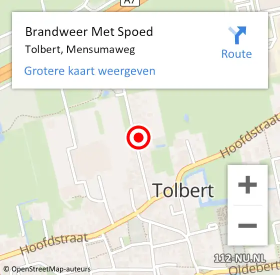 Locatie op kaart van de 112 melding: Brandweer Met Spoed Naar Tolbert, Mensumaweg op 20 augustus 2023 09:21