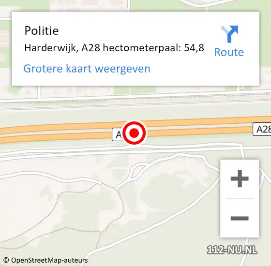Locatie op kaart van de 112 melding: Politie Harderwijk, A28 hectometerpaal: 54,8 op 20 augustus 2023 11:03