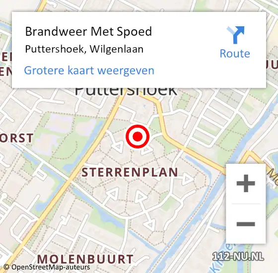 Locatie op kaart van de 112 melding: Brandweer Met Spoed Naar Puttershoek, Wilgenlaan op 20 augustus 2023 13:53