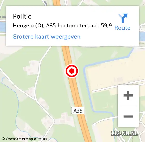 Locatie op kaart van de 112 melding: Politie Hengelo (O), A35 hectometerpaal: 59,9 op 20 augustus 2023 14:30