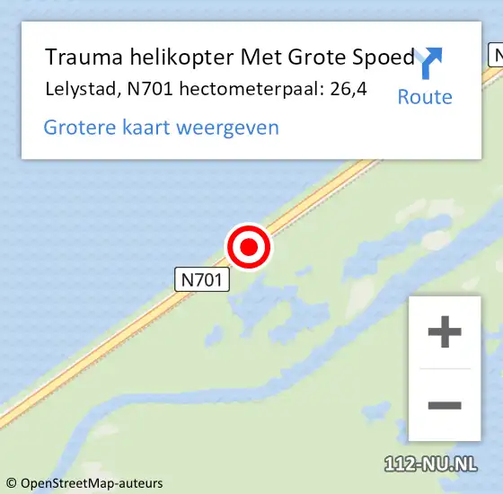 Locatie op kaart van de 112 melding: Trauma helikopter Met Grote Spoed Naar Lelystad, N701 hectometerpaal: 26,4 op 20 augustus 2023 14:42