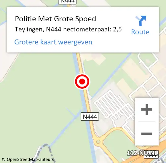 Locatie op kaart van de 112 melding: Politie Met Grote Spoed Naar Teylingen, N444 hectometerpaal: 2,5 op 20 augustus 2023 15:37