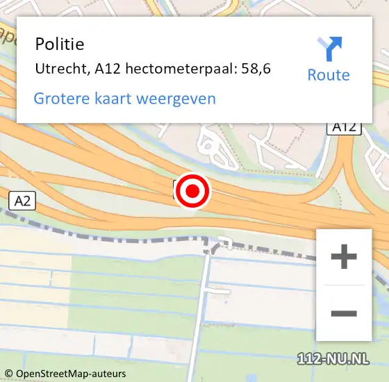 Locatie op kaart van de 112 melding: Politie Utrecht, A12 hectometerpaal: 58,6 op 20 augustus 2023 16:01