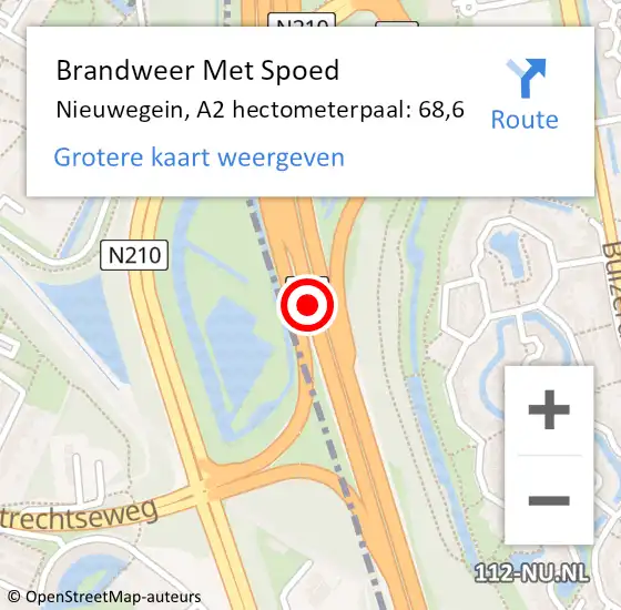 Locatie op kaart van de 112 melding: Brandweer Met Spoed Naar Nieuwegein, A2 hectometerpaal: 68,6 op 20 augustus 2023 16:54