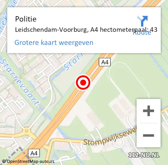 Locatie op kaart van de 112 melding: Politie Leidschendam-Voorburg, A4 hectometerpaal: 43 op 20 augustus 2023 17:07