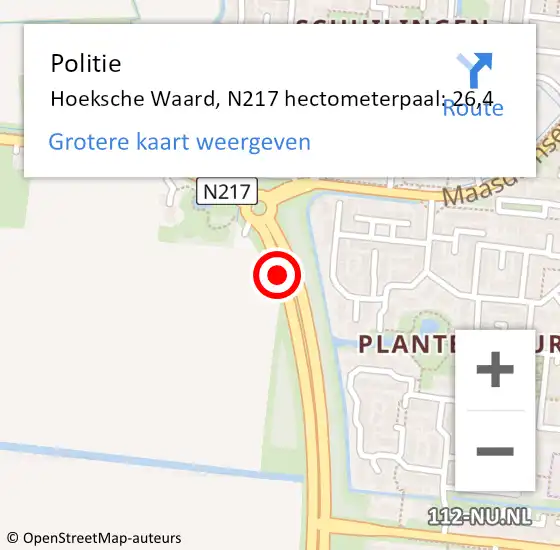 Locatie op kaart van de 112 melding: Politie Hoeksche Waard, N217 hectometerpaal: 26,4 op 20 augustus 2023 17:19