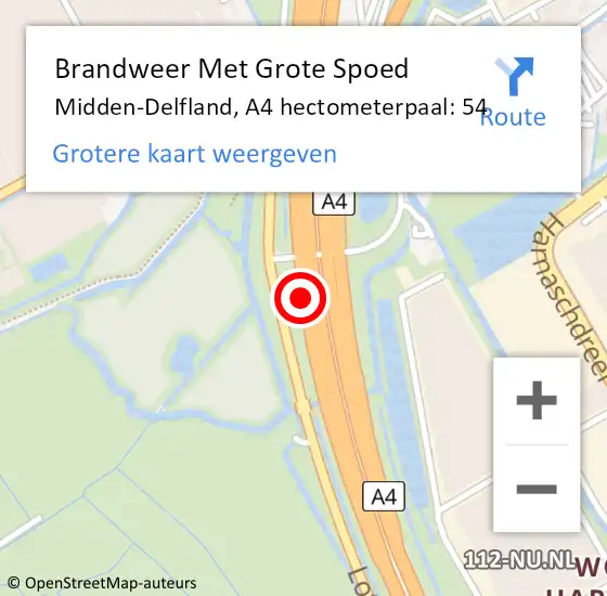 Locatie op kaart van de 112 melding: Brandweer Met Grote Spoed Naar Midden-Delfland, A4 hectometerpaal: 54 op 20 augustus 2023 17:37