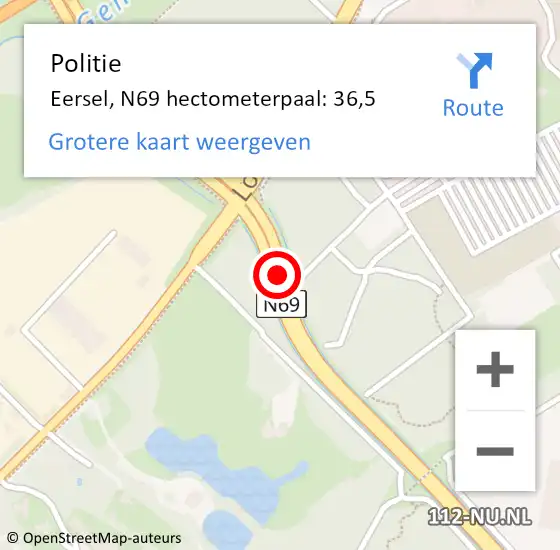 Locatie op kaart van de 112 melding: Politie Eersel, N69 hectometerpaal: 36,5 op 20 augustus 2023 20:00