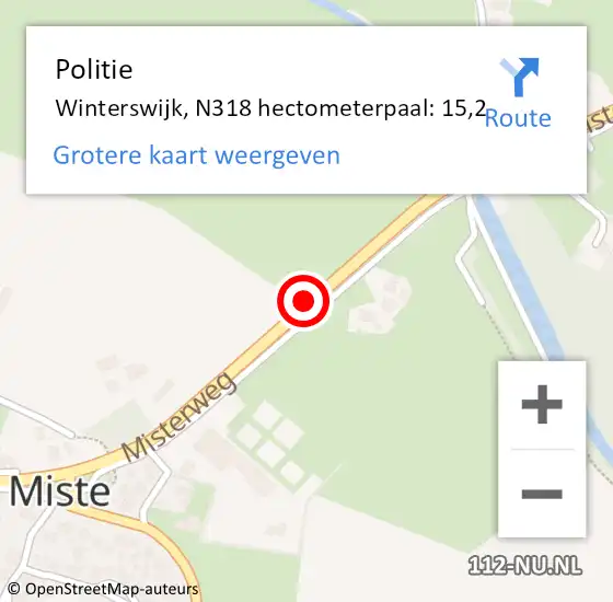 Locatie op kaart van de 112 melding: Politie Winterswijk, N318 hectometerpaal: 15,2 op 20 augustus 2023 20:08