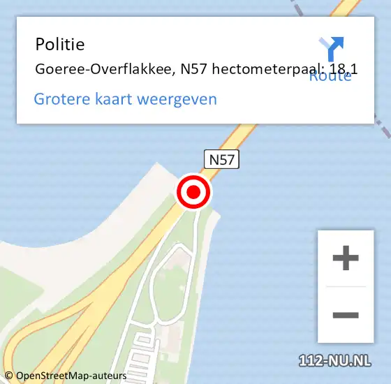 Locatie op kaart van de 112 melding: Politie Goeree-Overflakkee, N57 hectometerpaal: 18,1 op 20 augustus 2023 21:15