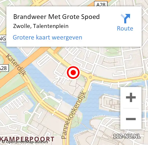 Locatie op kaart van de 112 melding: Brandweer Met Grote Spoed Naar Zwolle, Talentenplein op 20 augustus 2023 22:35