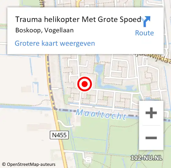 Locatie op kaart van de 112 melding: Trauma helikopter Met Grote Spoed Naar Boskoop, Vogellaan op 20 augustus 2023 23:23