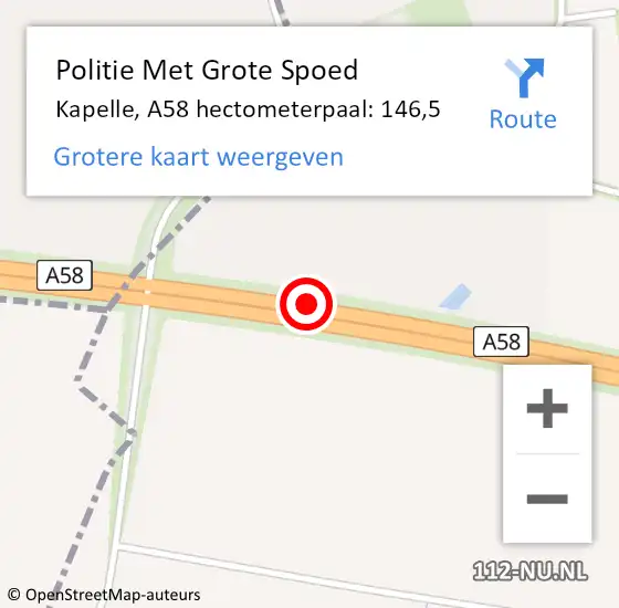 Locatie op kaart van de 112 melding: Politie Met Grote Spoed Naar Kapelle, A58 hectometerpaal: 146,5 op 21 augustus 2023 01:54