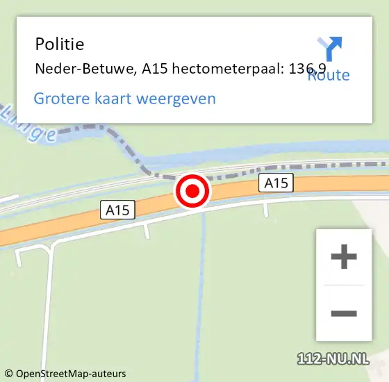 Locatie op kaart van de 112 melding: Politie Neder-Betuwe, A15 hectometerpaal: 136,9 op 21 augustus 2023 04:41