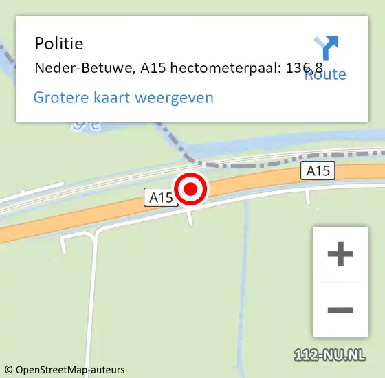 Locatie op kaart van de 112 melding: Politie Neder-Betuwe, A15 hectometerpaal: 136,8 op 21 augustus 2023 04:46