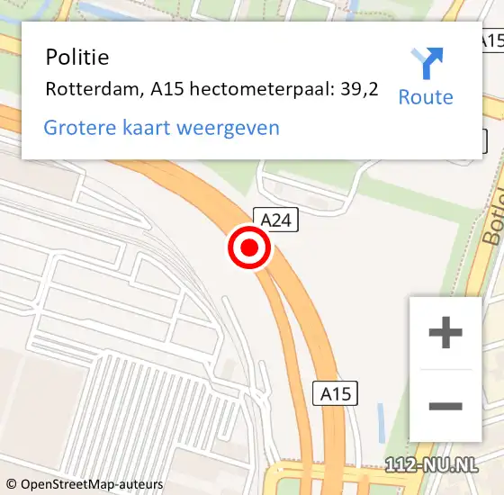 Locatie op kaart van de 112 melding: Politie Rotterdam, A15 hectometerpaal: 39,2 op 21 augustus 2023 07:22