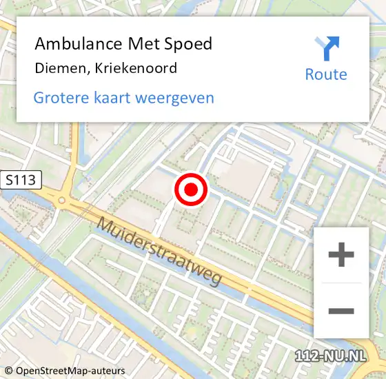 Locatie op kaart van de 112 melding: Ambulance Met Spoed Naar Diemen, Kriekenoord op 21 augustus 2023 07:43