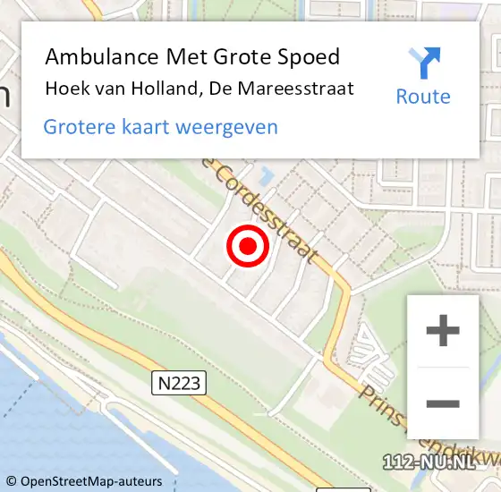 Locatie op kaart van de 112 melding: Ambulance Met Grote Spoed Naar Hoek van Holland, De Mareesstraat op 21 augustus 2023 10:06