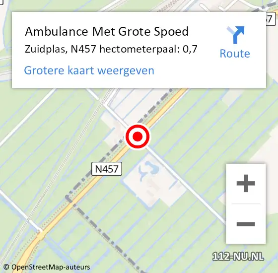 Locatie op kaart van de 112 melding: Ambulance Met Grote Spoed Naar Zuidplas, N457 hectometerpaal: 0,7 op 21 augustus 2023 10:17