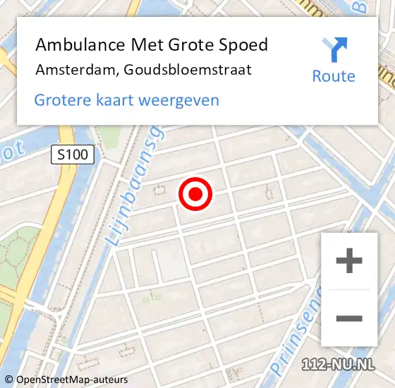 Locatie op kaart van de 112 melding: Ambulance Met Grote Spoed Naar Amsterdam, Goudsbloemstraat op 21 augustus 2023 14:43