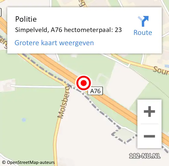 Locatie op kaart van de 112 melding: Politie Simpelveld, A76 hectometerpaal: 23 op 21 augustus 2023 15:08