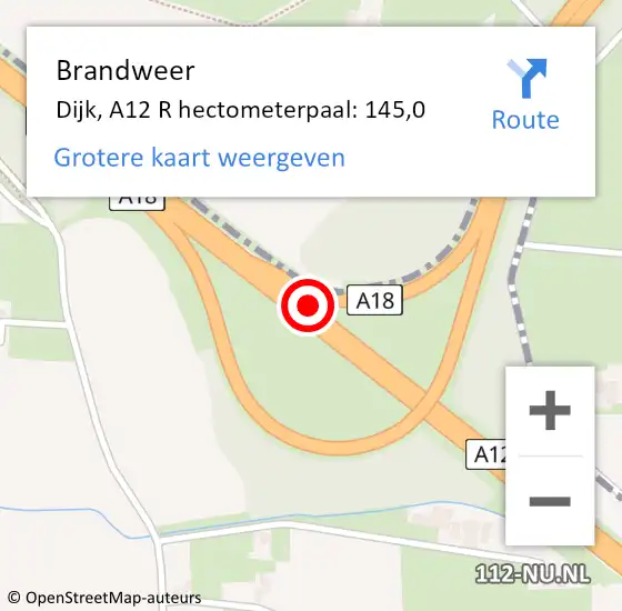 Locatie op kaart van de 112 melding: Brandweer Dijk, A12 R hectometerpaal: 143,0 op 5 september 2014 13:05